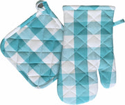 Ovenwant & Pannenlap Set | 100% Katoen | Ovenwanten | Ovenhandschoenen | Pannenlap | Pannenlappen | Hittebestendig | Keuken | Koken | Grip | Turquoise | Wit | Geruit |