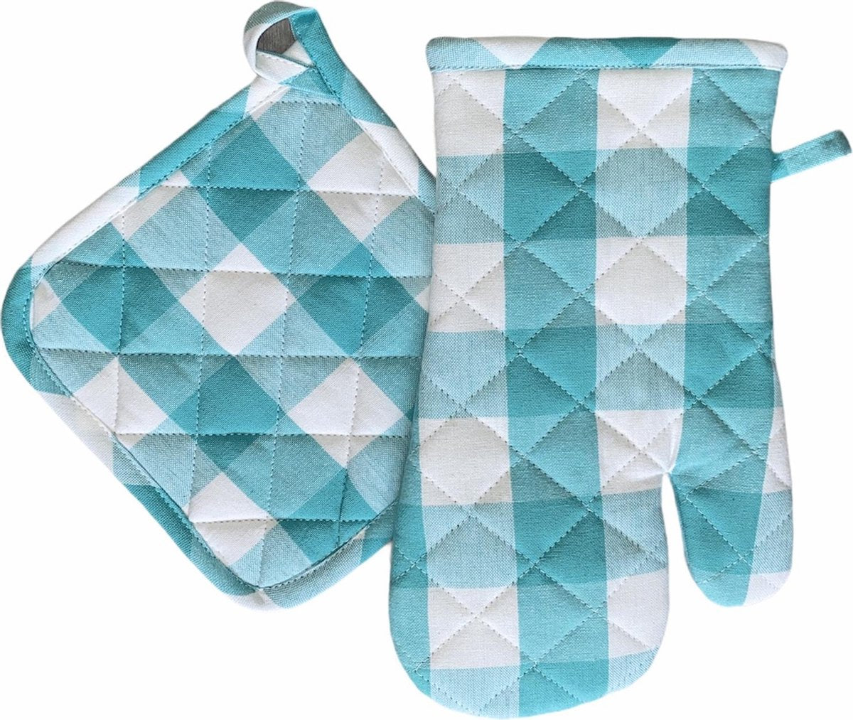 Ovenwant & Pannenlap Set | 100% Katoen | Ovenwanten | Ovenhandschoenen | Pannenlap | Pannenlappen | Hittebestendig | Keuken | Koken | Grip | Turquoise | Wit | Geruit |
