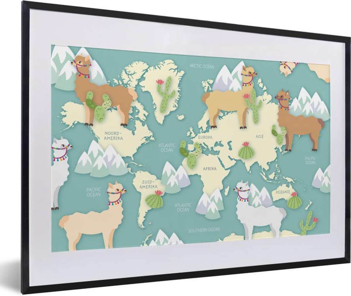 Alpaca's en bergen op een lichte wereldkaart fotolijst zwart met witte passe-partout 60x40 cm