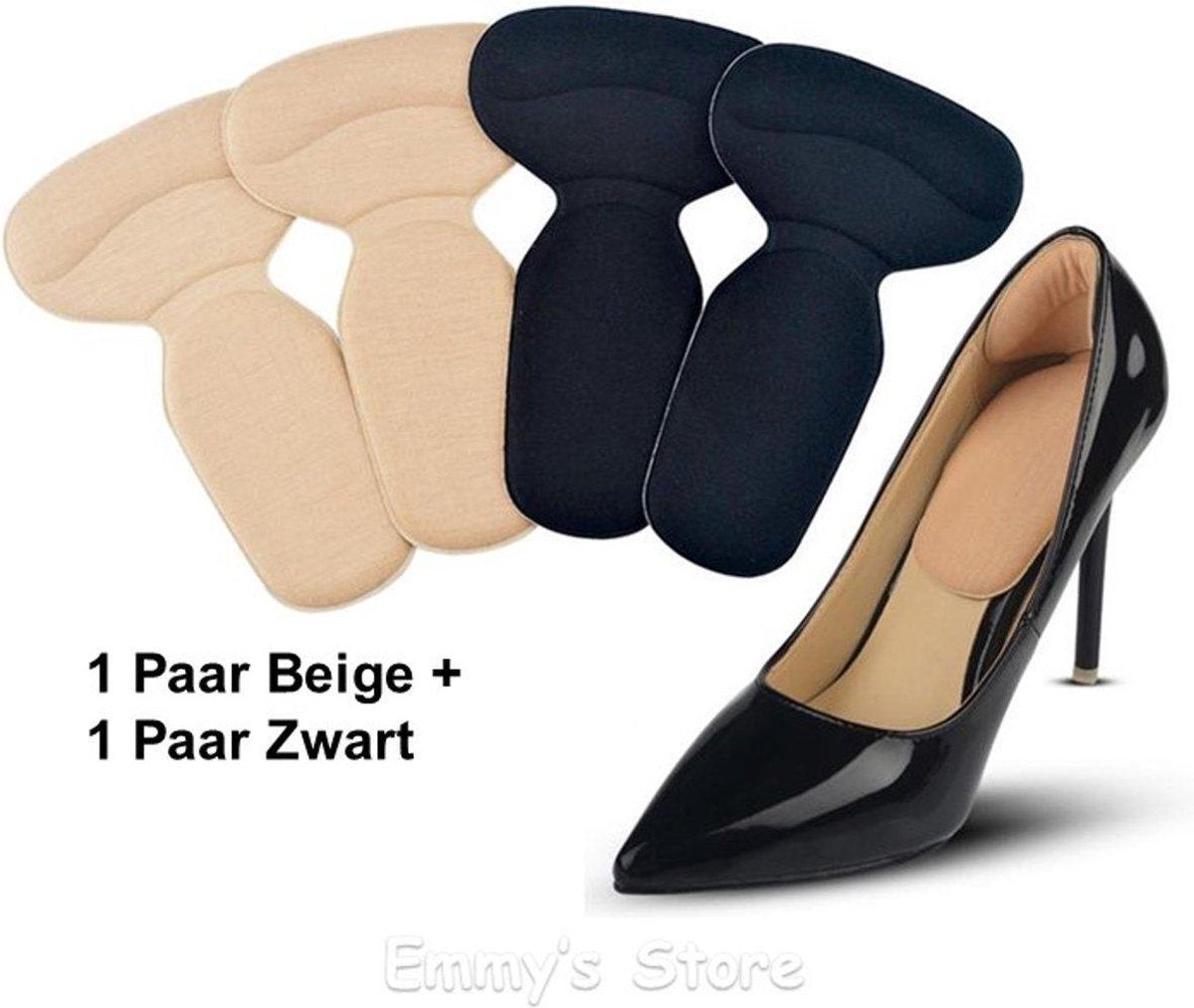 2 paar zelfklevende siliconen hielbeschermers - inlegzolen voor hoge hakken of schoenen - zachte en flexibele kussentjes - voorkomt blaren en pijn - combinatie van beige en zwart - one size - Heble