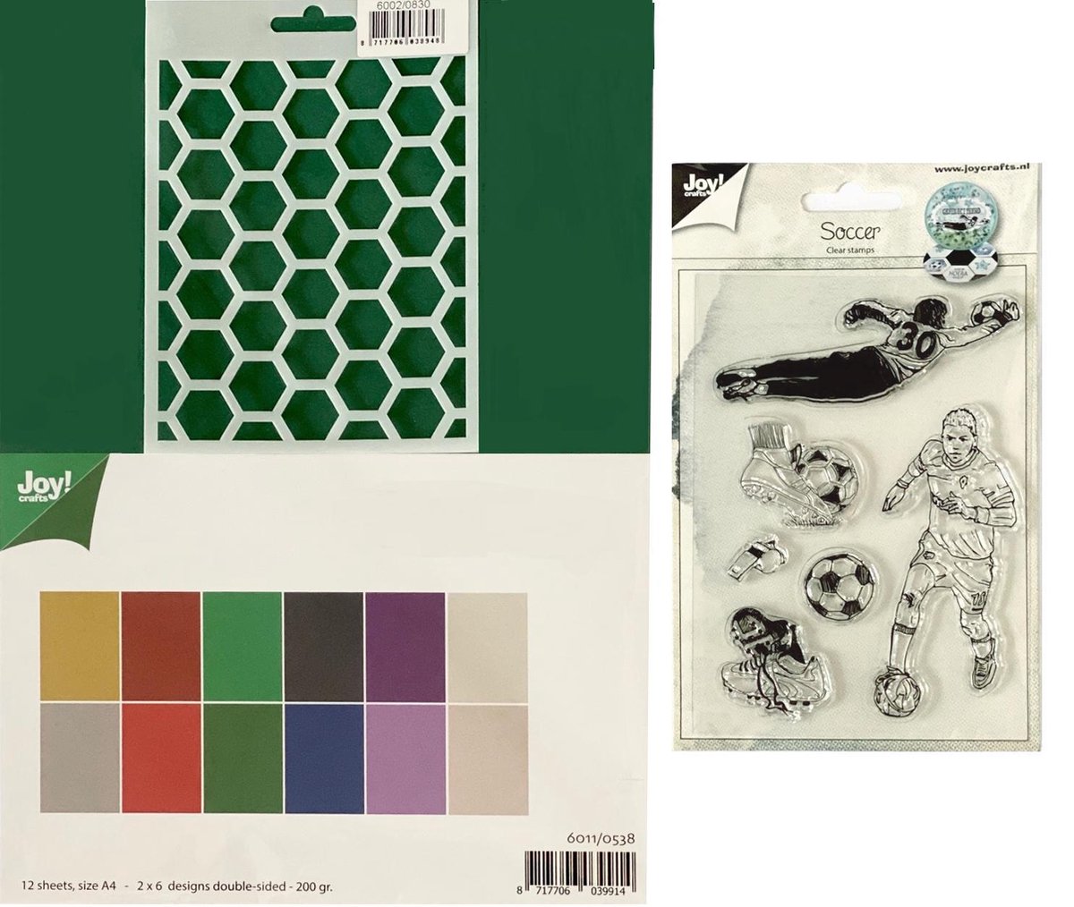 Joy!Crafts Voetbal Set / Clear stamps Soccer 6410/0447 -  Polybesa stencil Voetbal 6002/0830 - Papierset Matching Colors A4  x 12 vellen 200gr 6011/0538.