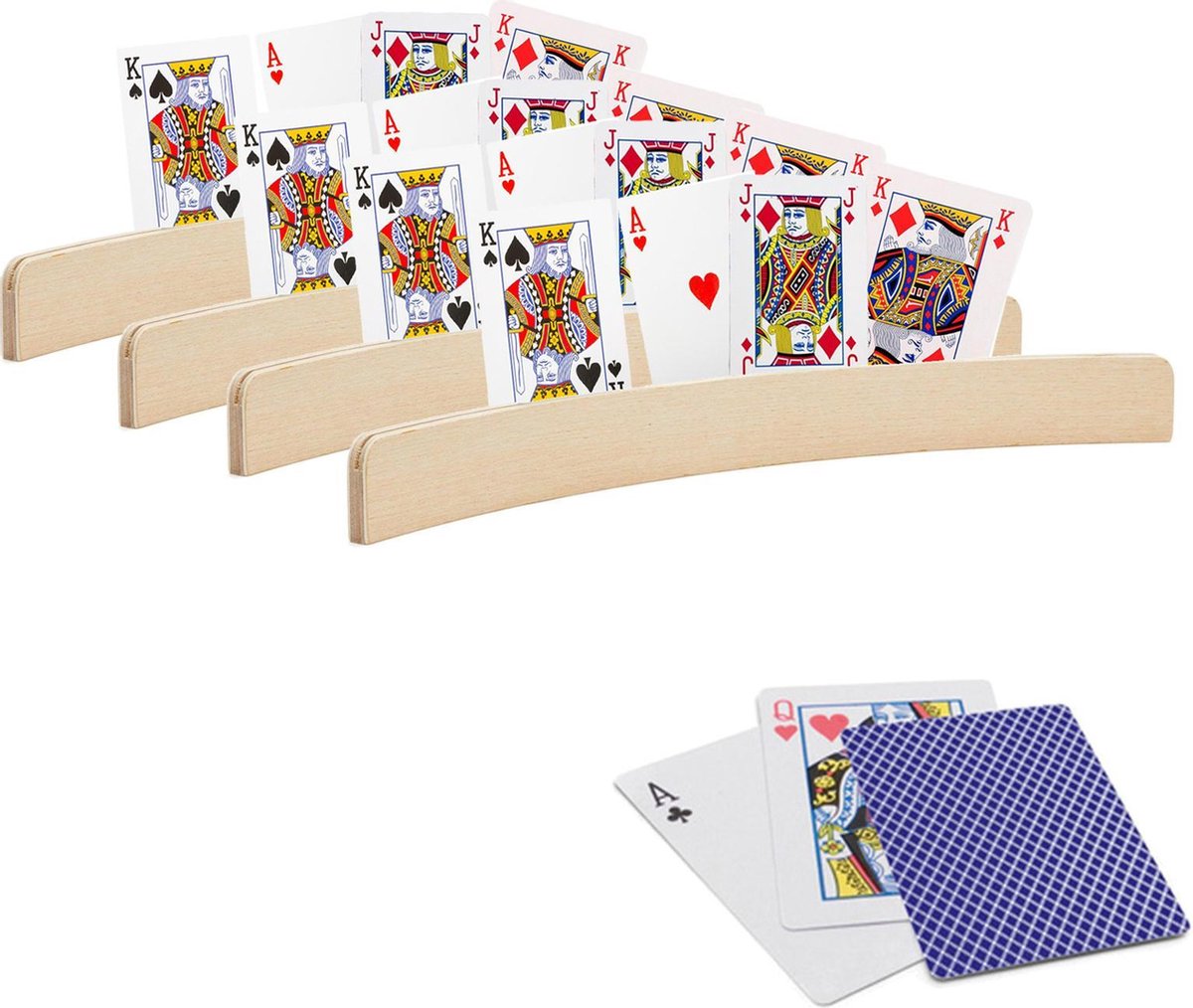 4x stuks Speelkaarthouders - inclusief 54 speelkaarten blauw geruit - hout - 35 cm - kaarthouders