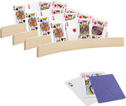 4x stuks Speelkaarthouders - inclusief 54 speelkaarten blauw geruit - hout - 35 cm - kaarthouders