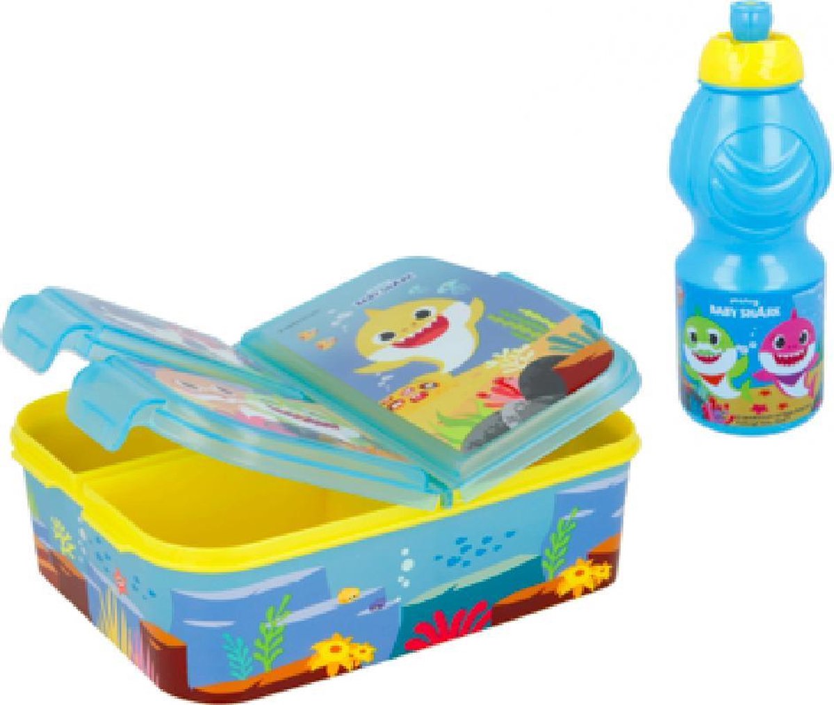 Baby Shark 3 compartimenten brooddoos (20 cm - 17 cm - 7 cm) + Drinkfles (18 cm hoog - 400 ml)