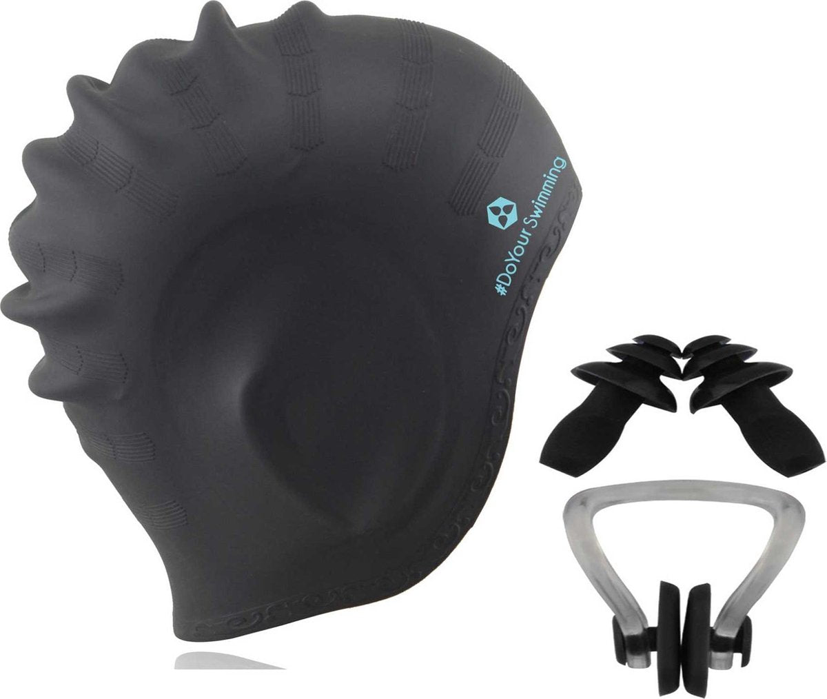 #DoYourSwimming - Badmuts voor volwassenen incl. oordopjes en neusklem - »Barney« - silicoon (Spandex) - perfecte pasvorm en extra oorbescherming - zwart