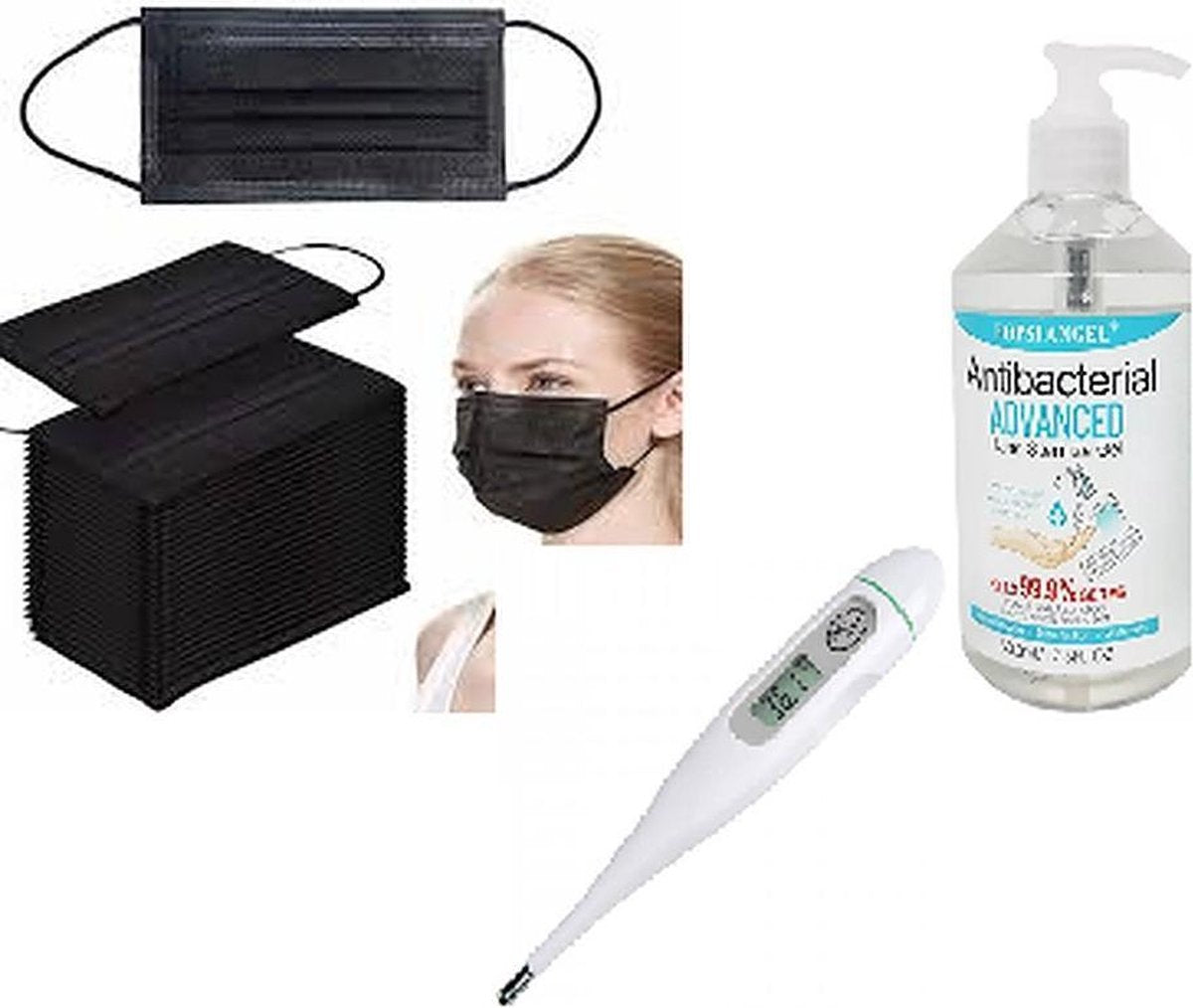 Fohwa Wegwerp Mondkapjes Zwarte 3 laags 50 stuks (Niet medisch) met thermometer  & 500 ml Handgel