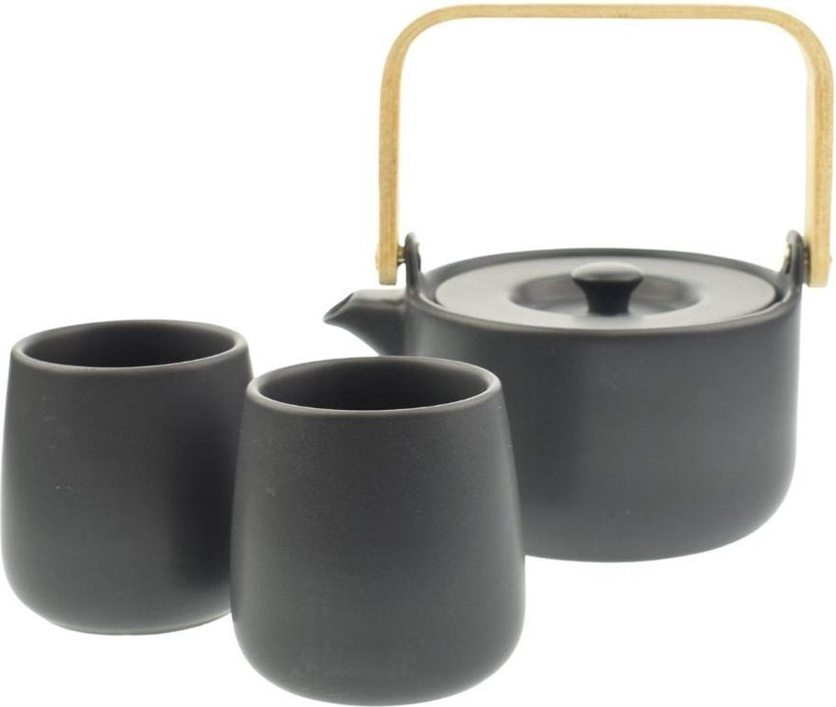 Orange85 Theepot Zwart - 50cl - Met 2 Kopjes - Bamboe deksel - Aardewerk