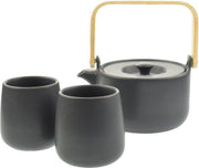 Orange85 Theepot Zwart - 50cl - Met 2 Kopjes - Bamboe deksel - Aardewerk