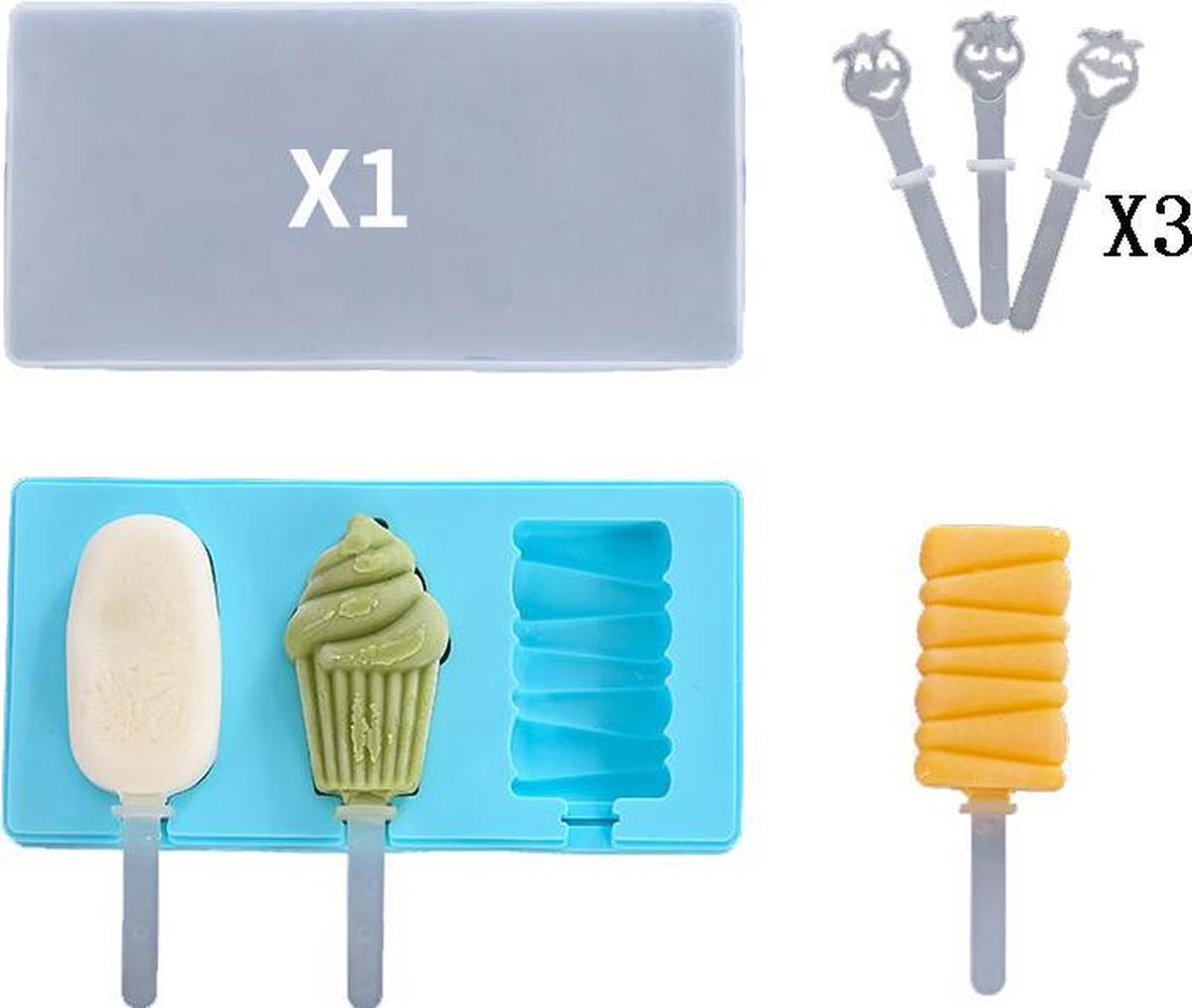 ProductGoods - Ijsvorm Diverse Ijsjes - 3 Stuks - Yoghurt Ijsjes - Fruit Ijsjes - Bakvorm - Chocoladevorm - 3 Recyclebaar Stokjes - Kleur Blauw