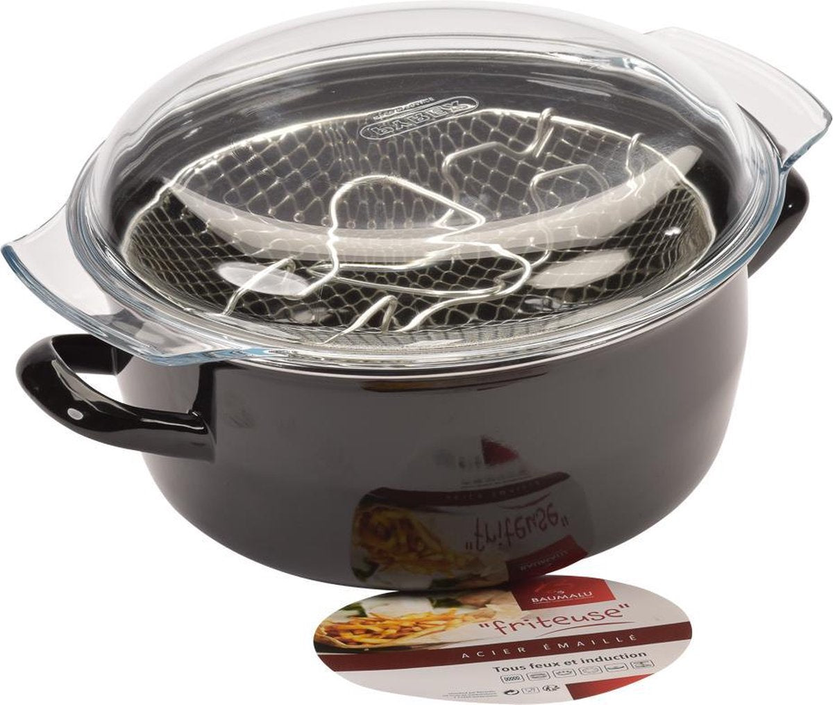 Baumalu Emaille Frituurpan met Glazen Deksel & Korf - Ø 26cm - Zwart.