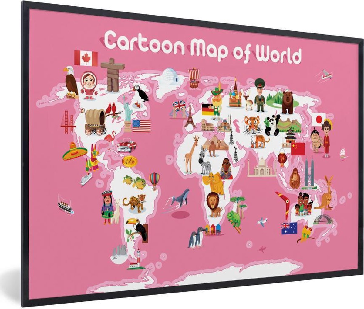 Wereldkaart Kinderen - Roze - Symbolen - Schoolplaat - Kinderkamer - 90x60 cm