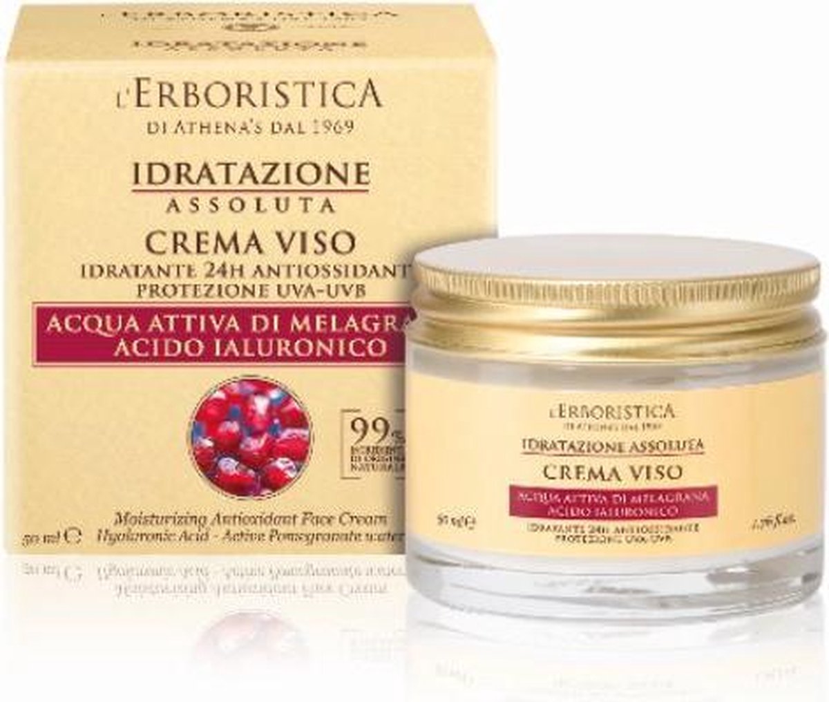L'Erboristica Hyaluronic Acid Gezichtscreme voor de droge huid (30 ml) met actief granaatappel water en Aloe Vera.