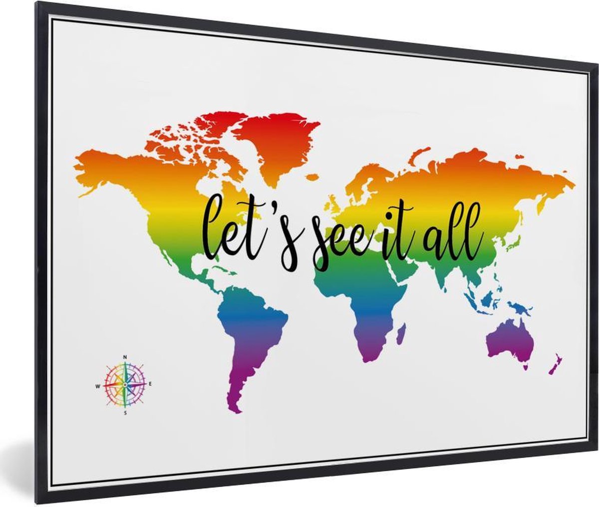Wereldkaart in regenboogkleuren en een dik gedrukte tekst fotolijst zwart 60x40 cm