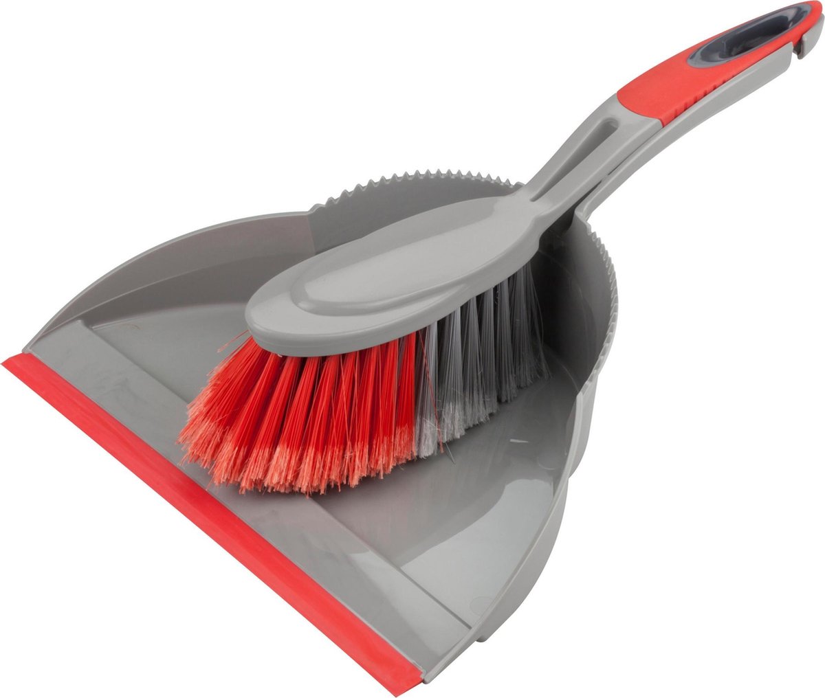 Kunststof stoffer en blik met lip en zachte borstel grijs/rood- Soft-touch handgreep - Schoonmaakartikelen