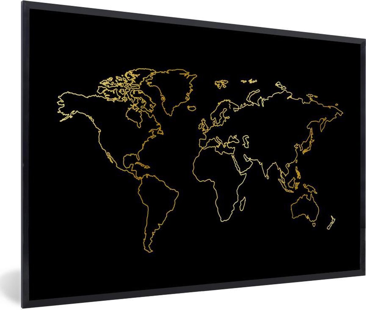 Gouden wereldkaart op een zwarte achtergrond fotolijst zwart zonder passe partout