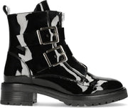 Manfield - Dames - Lak zwarte biker boots met gespen - Maat 37