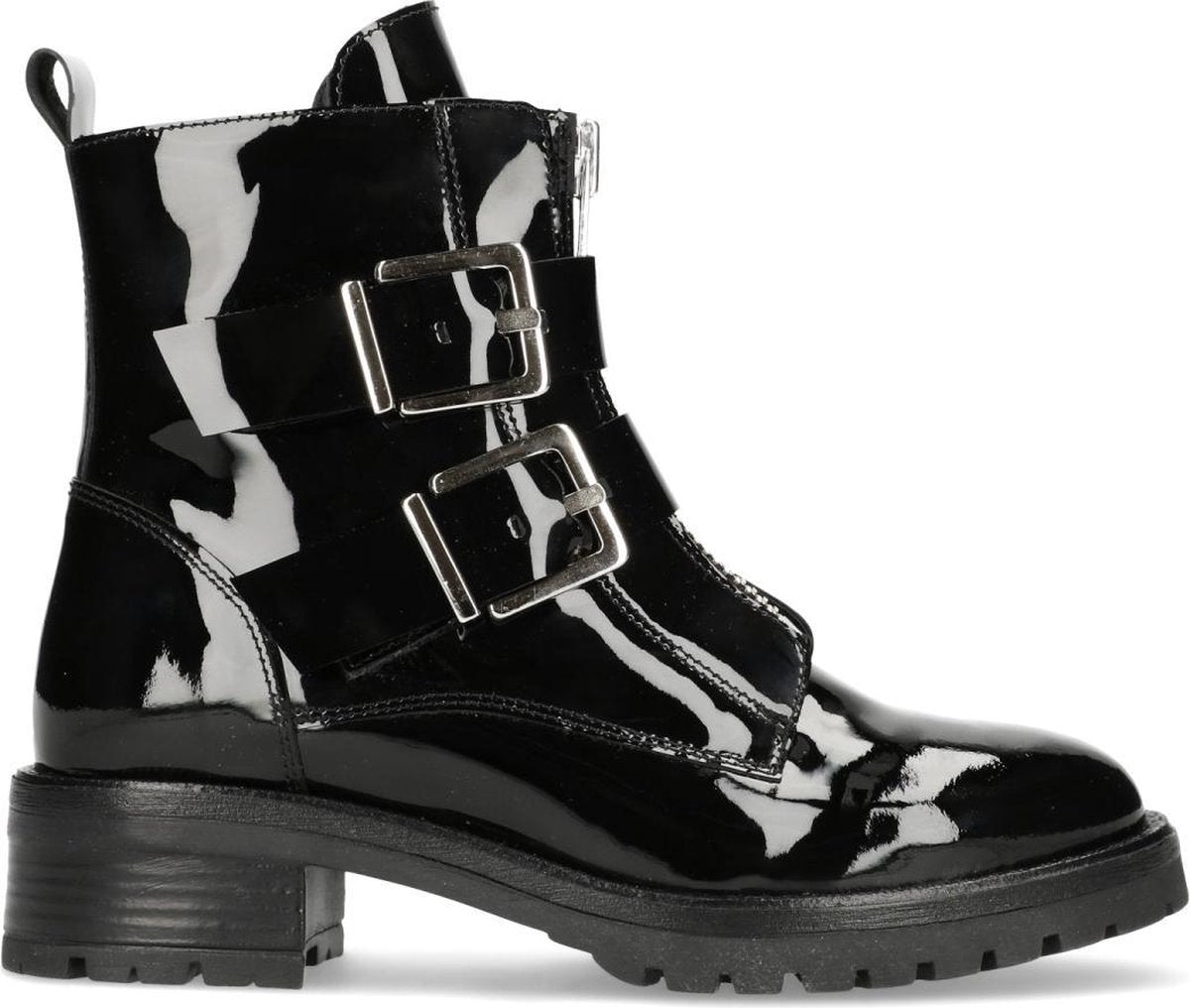Manfield - Dames - Lak zwarte biker boots met gespen - Maat 38