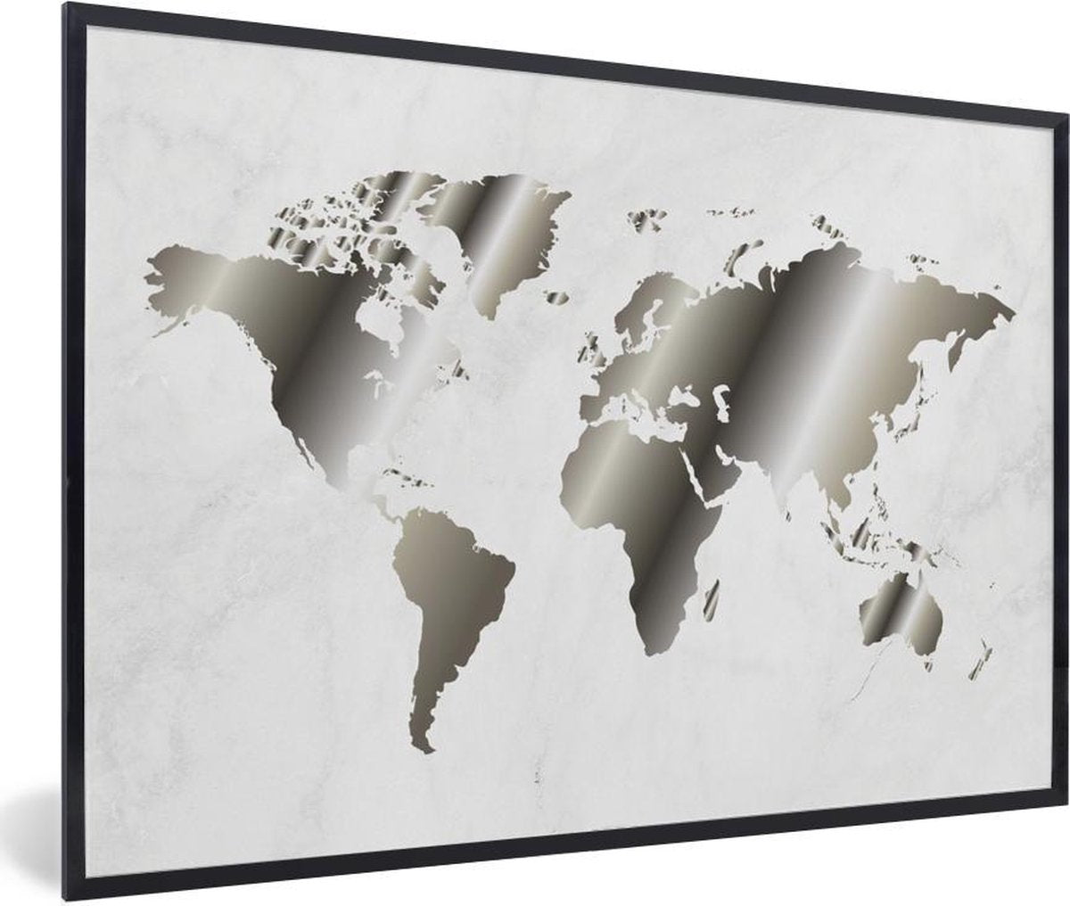 Zwart-wit beeld van een wereldkaart met marmeren achtergrond fotolijst zwart 60x40 cm