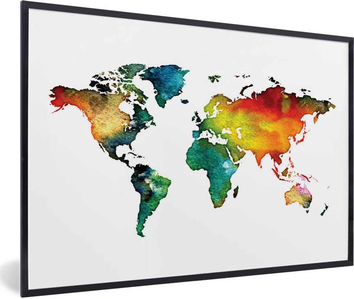 Poster met lijst Wereldkaart - Waterverf - Groen - 90x60 cm