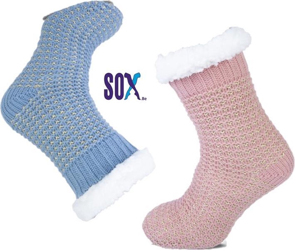 SOX Huissokken 2 PACK 37/42 met ABS anti slip in fantasie Roze en Lichtblauw met gouden lurex stip Super warm gevoerd