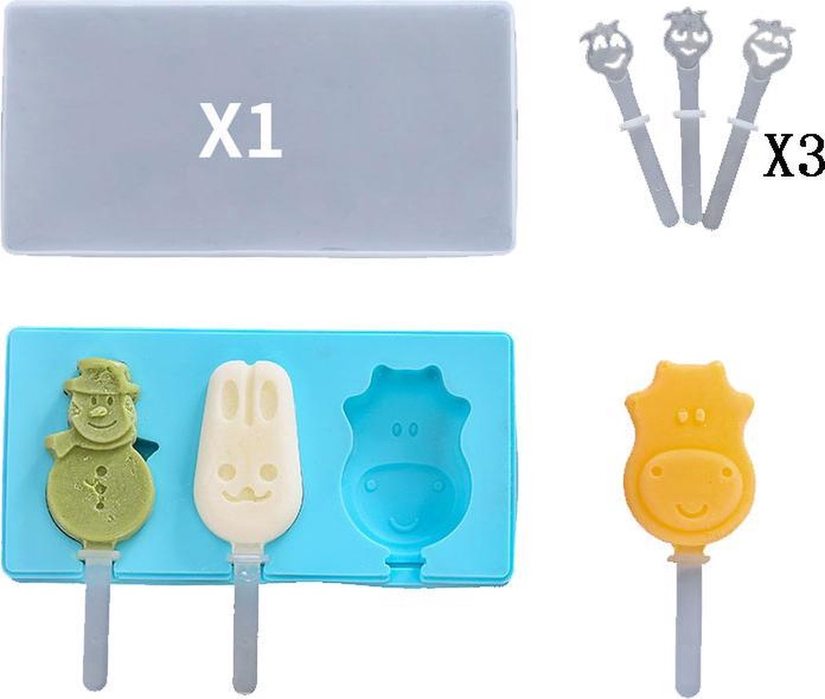 ProductGoods - Ijsvorm Dieren + Sneeuwpop - 3 Stuks - Yoghurt Ijsjes - Fruit Ijsjes - Bakvorm - Chocoladevorm - 3 Recyclebaar Stokjes - Kleur Blauw