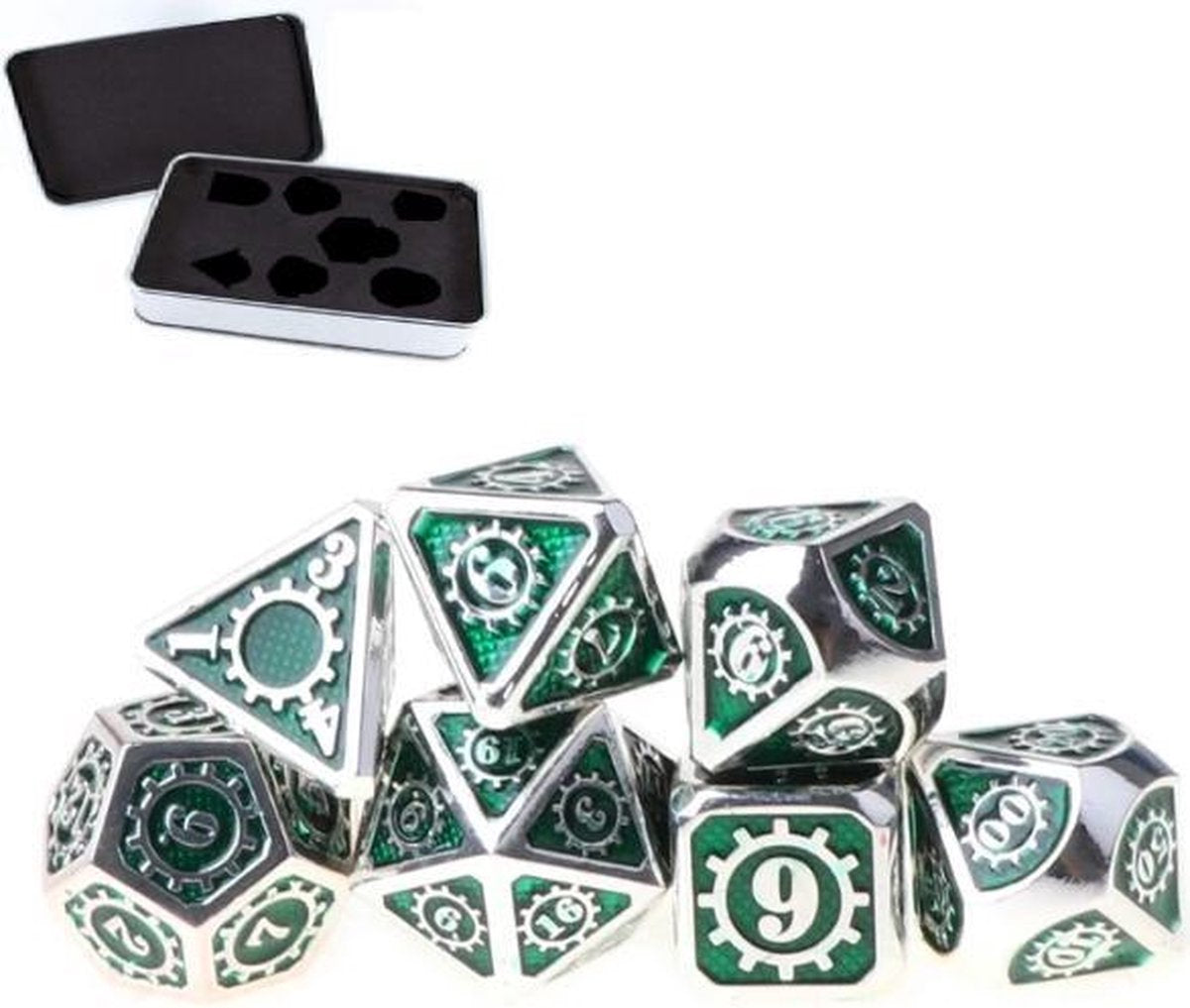 Metal Polydice set Steampunk - Metalen Polyhedral dobbelstenen set 8 delig | Set van 7 dice in metalen doosje / metal case | dungeons and dragons dice | D&D Pathfinder RPG DnD | Zilver - Groen (Metaal)