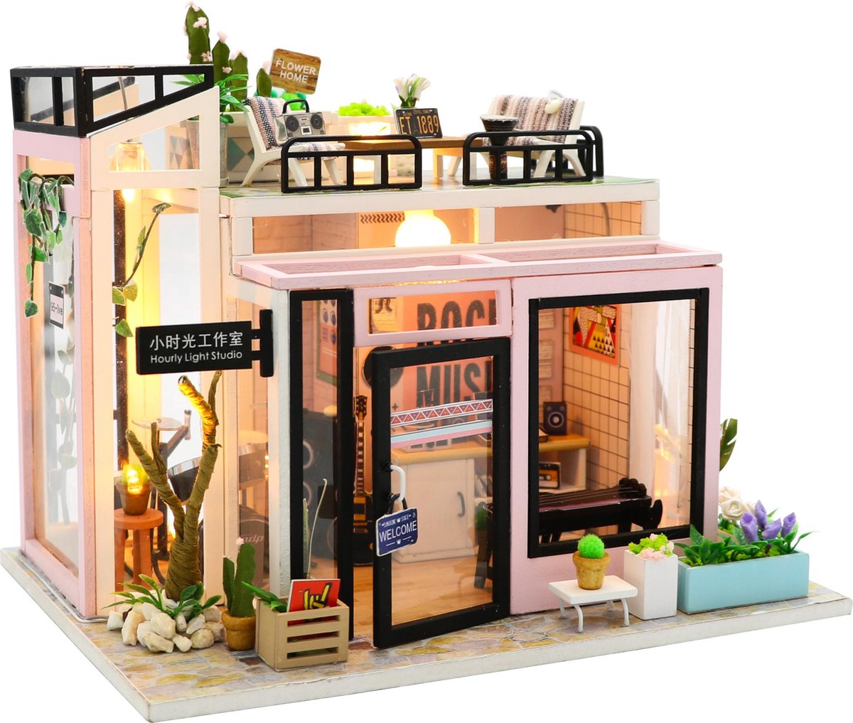 Modelbouw Miniatuur Bouwpakket - Muziek Studio - DIY  - Inclusief LED lampjes en Stofkap