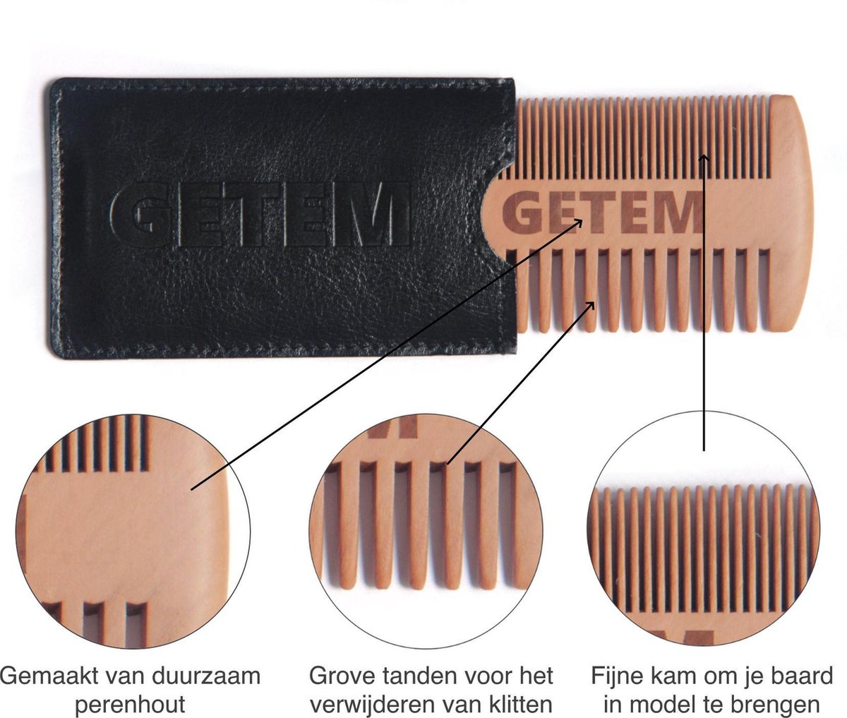 Baardkam dubbelzijdig - Baardverzorging - Perenhout - Baardkam hout - Cadeau voor hem - Inclusief lederen beschermhoes
