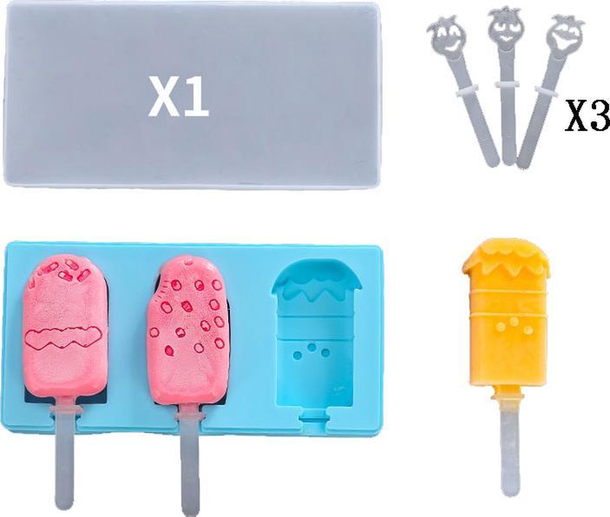 ProductGoods - Ijsvorm Divers - 3 Stuks - Yoghurt Ijsjes - Fruit Ijsjes - Bakvorm - Chocoladevorm - 3 Recyclebaare Stokjes - Kleur Blauw