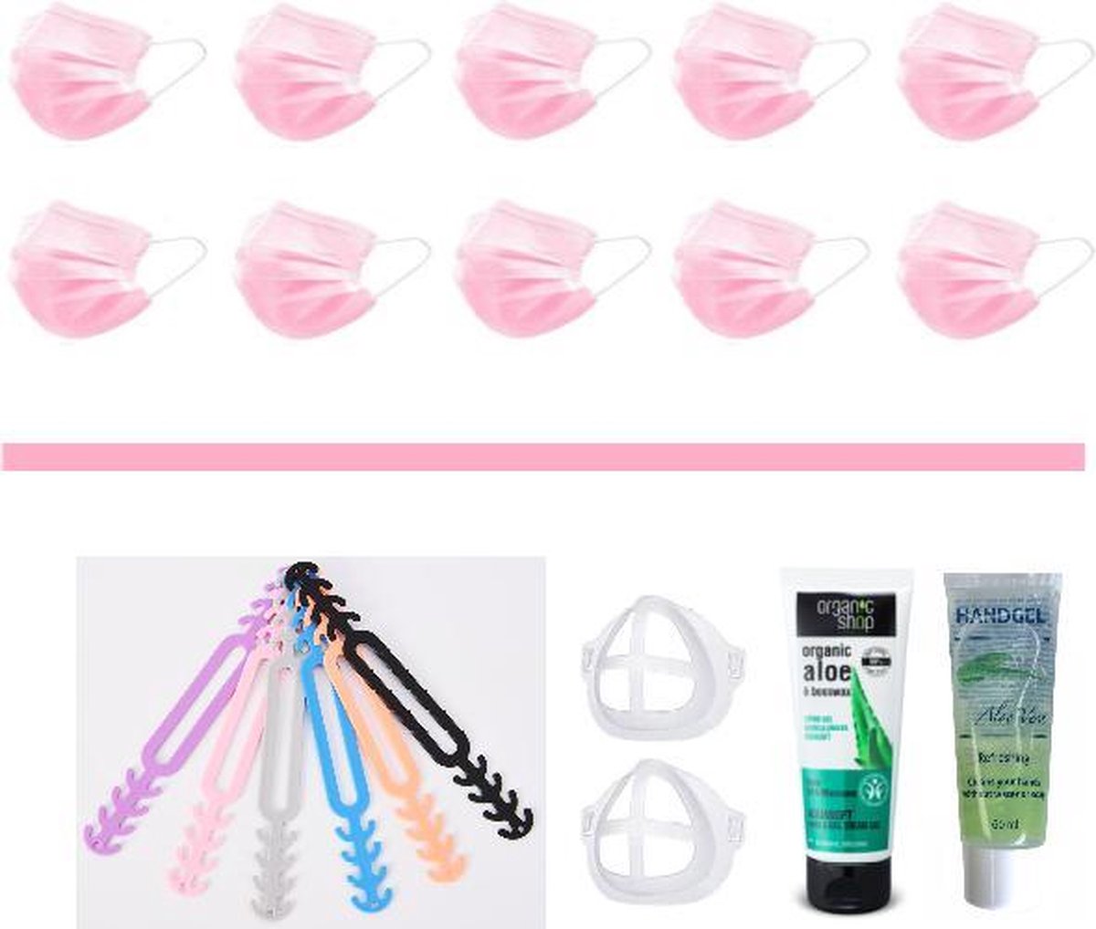 Mondkapjes Vakantie Pakket: 50 Roze Mondmaskers | 5 Earsavers Mix | 2 Mondmaskerhouders | Handcreme | Handgel