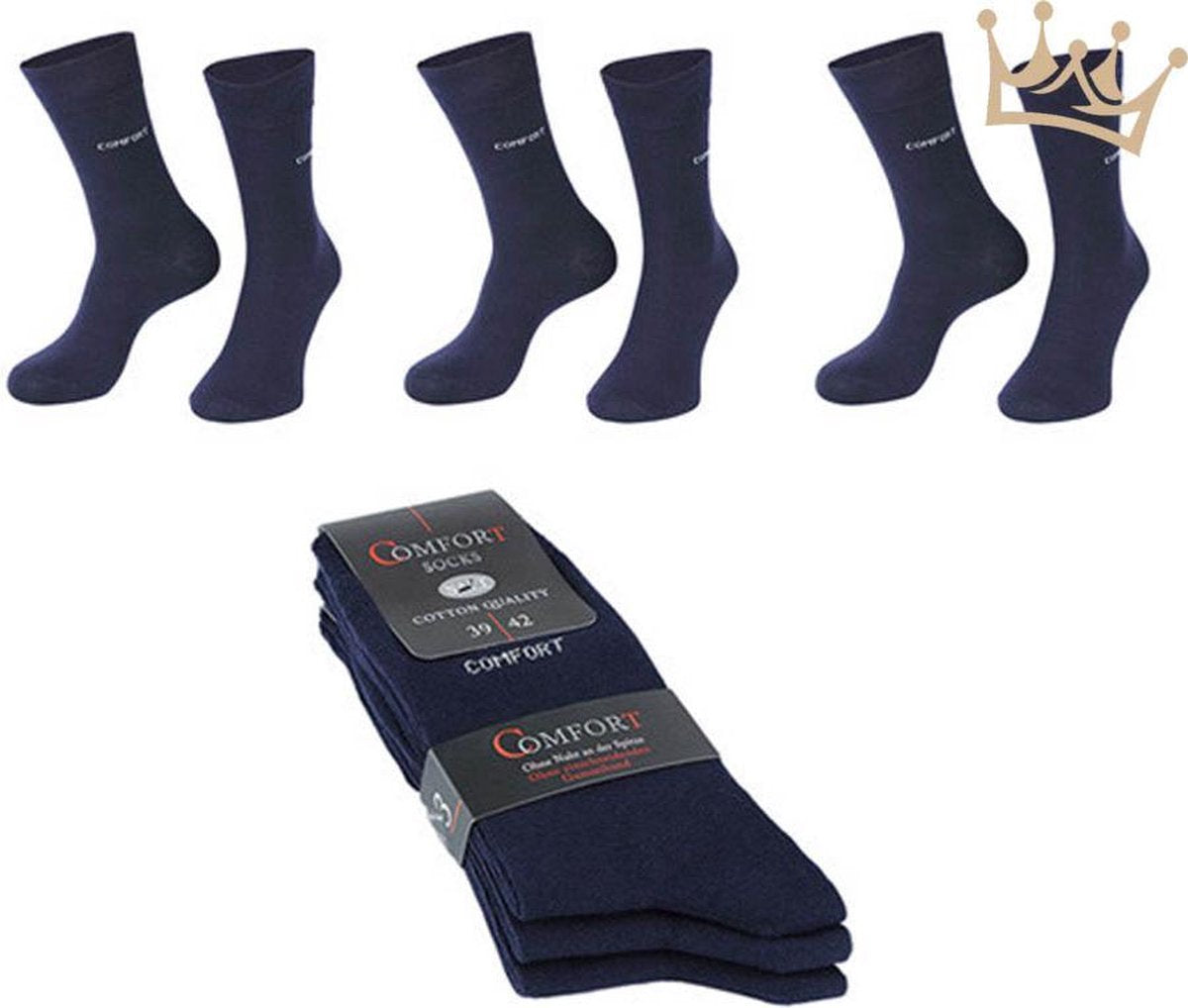 Heren sokken - Katoenen sokken - Ruime boord - Wijde boord - Naadloos - extra zachte boord - 3 paar - Donker blauw - Maat 39-42