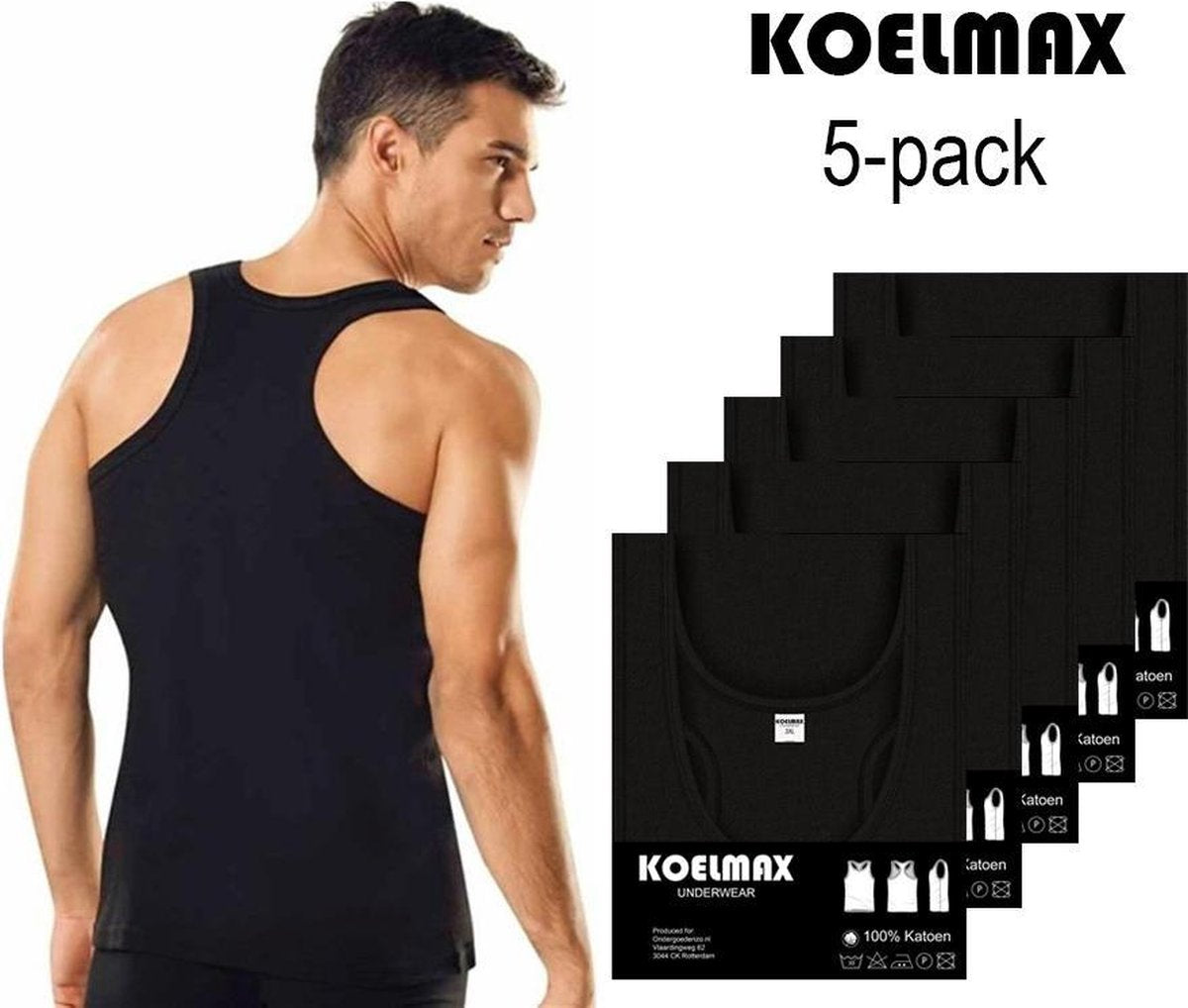 Koelmax - Heren halterhemd - Tanktop - Zwart - 5 Pack - Maat S