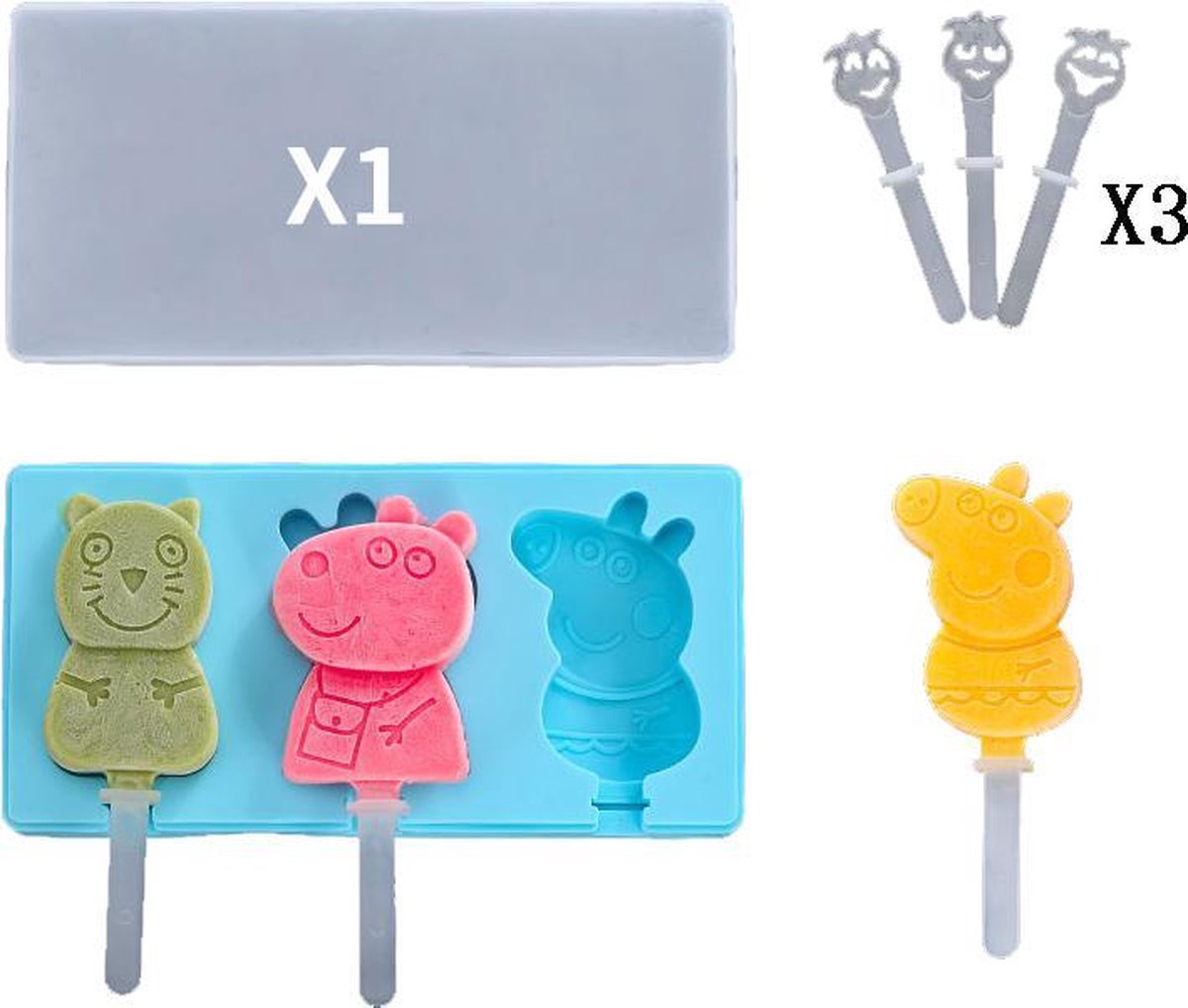 ProductGoods - Ijsvorm Peppa Pig - 3 Stuks - Yoghurt Ijsjes - Fruit Ijsjes - Peppa Pig - Bakvorm - Chocoladevorm - 3 Recyclebaare stokjes - Kleur Blauw