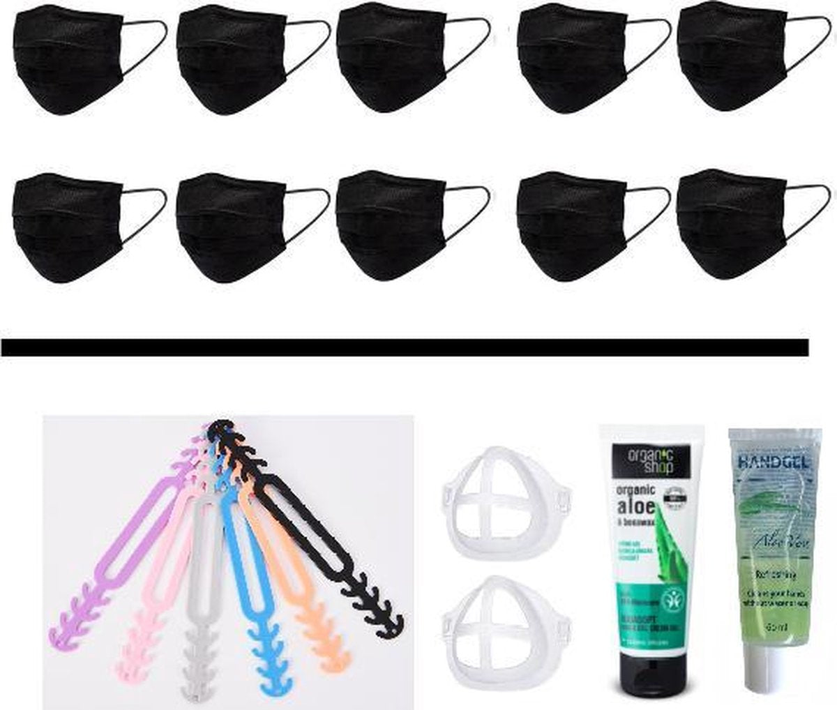 Mondkapjes Vakantie Pakket: 50 Zwarte Mondmaskers | 5 Earsavers Mix | 2 Mondmaskerhouders | Handcreme | Handgel