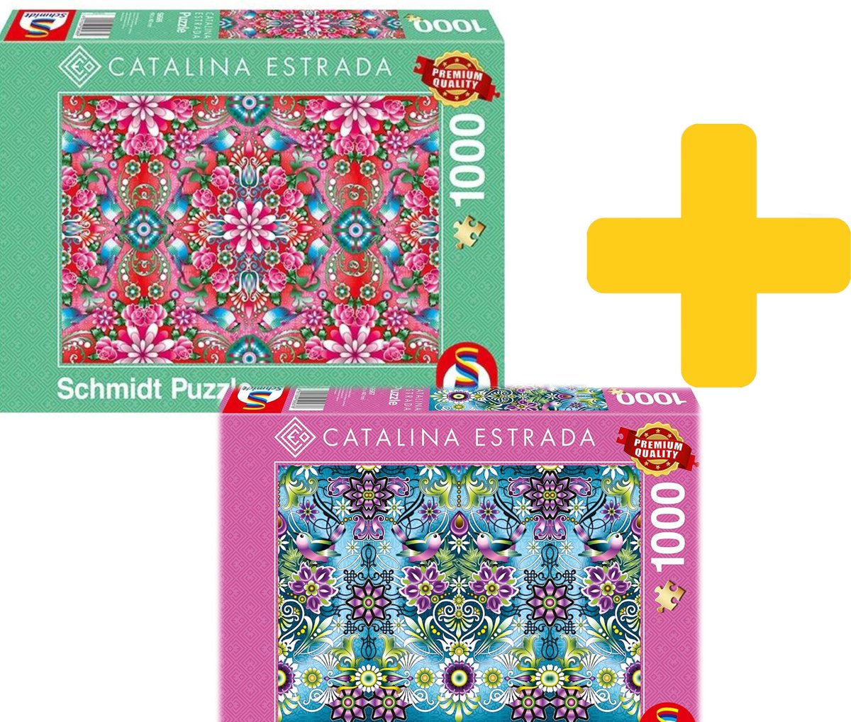 Schmidt voordeelpakket puzzels Red Rosebush en Blue Sparrow Catalina Estrada