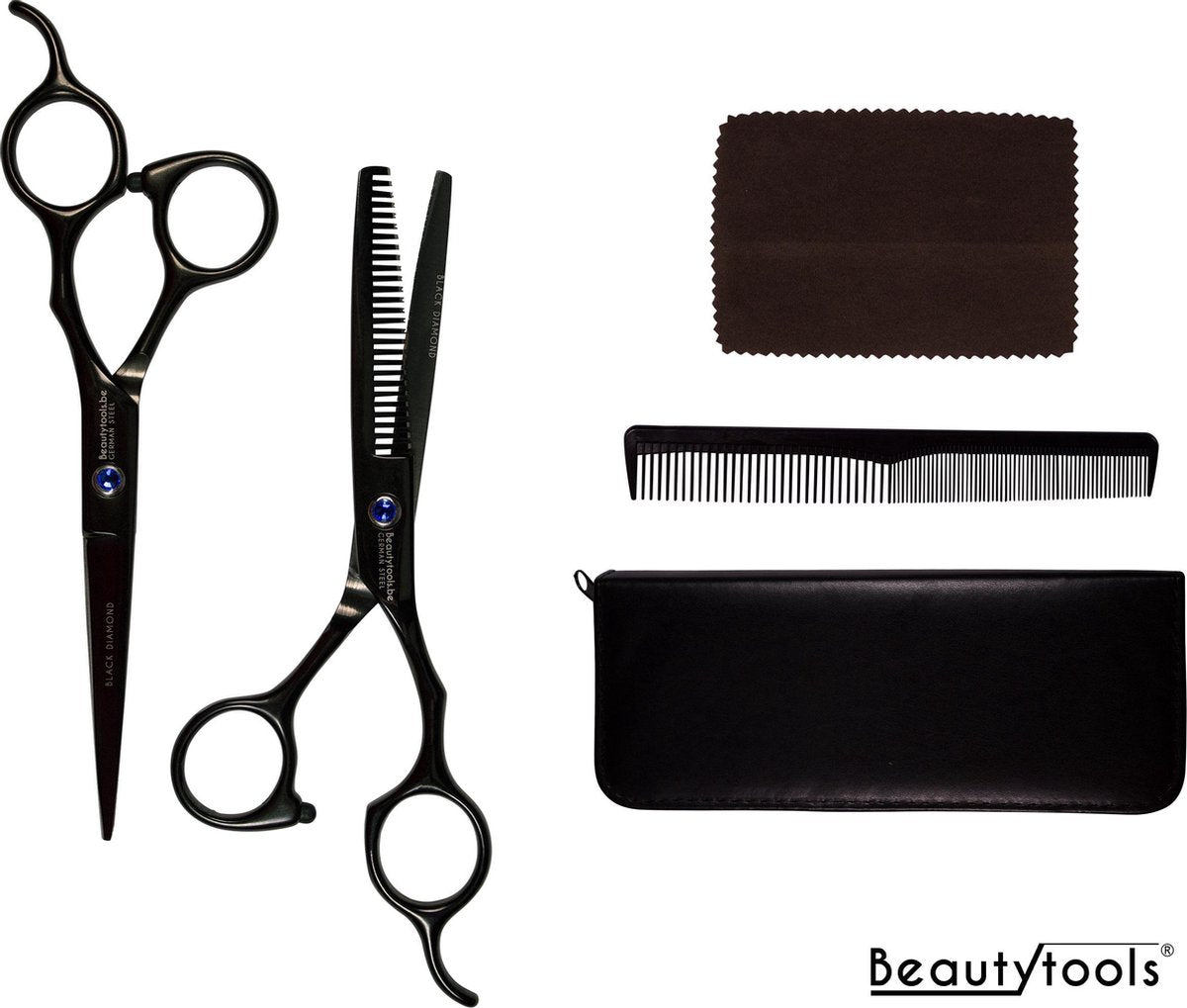 PROMO! Beautytools BLACK Professionele Duitse Kappersscharen SET Rechtshandig - Kappersschaar + Uitdunschaar Black Diamond -- 6" BS