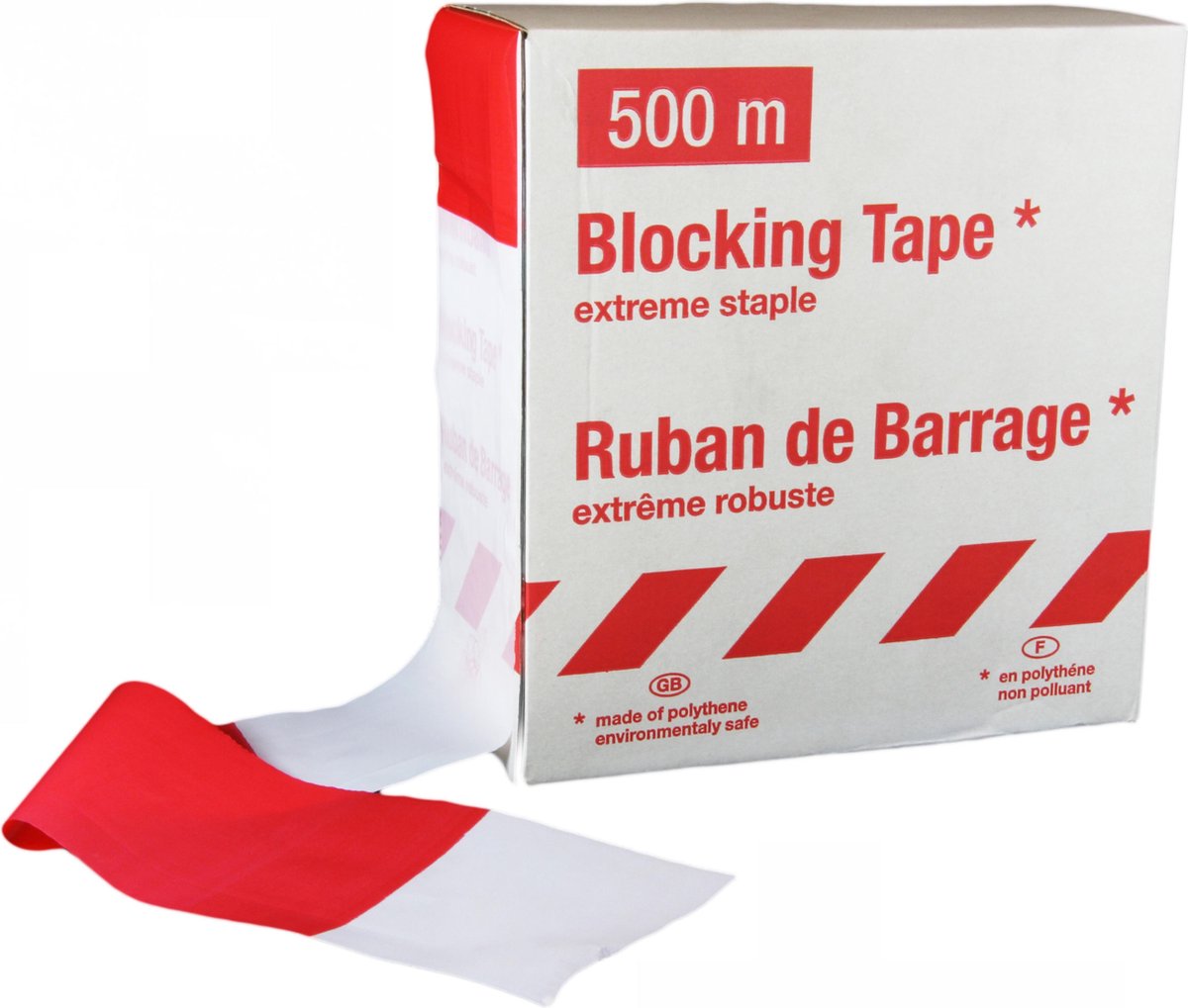 500 mtr - Afzetlint rood / wit - dispenserdoos