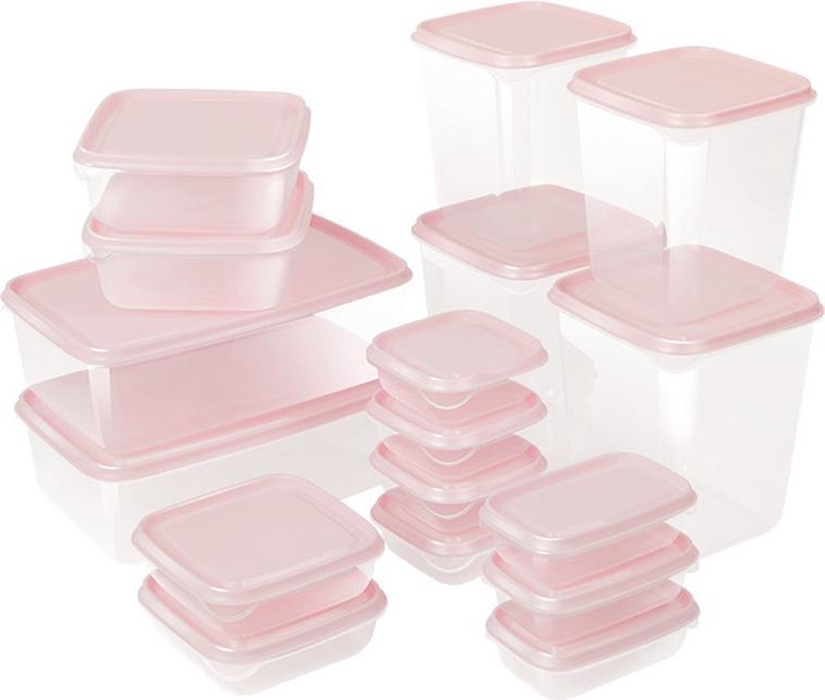 TDR - Vershoud bakjes set - 17 delig - 2/1.9/1.1/0.6/0.3/0.12 liter  - Transparant met roze doos