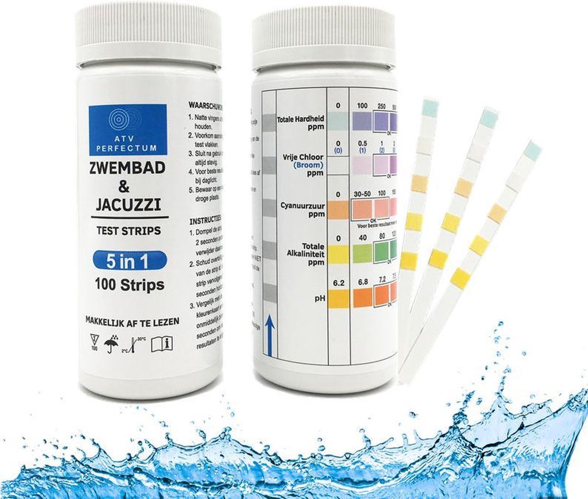 ATV PERFECTUM 100 stuks Zwembad test strips 5 in 1  - met Nederlandse handleiding - teststrips water - waterkwaliteit zwembad - Teststrips Jacuzzi - teststrips zwembad ph en chloor
