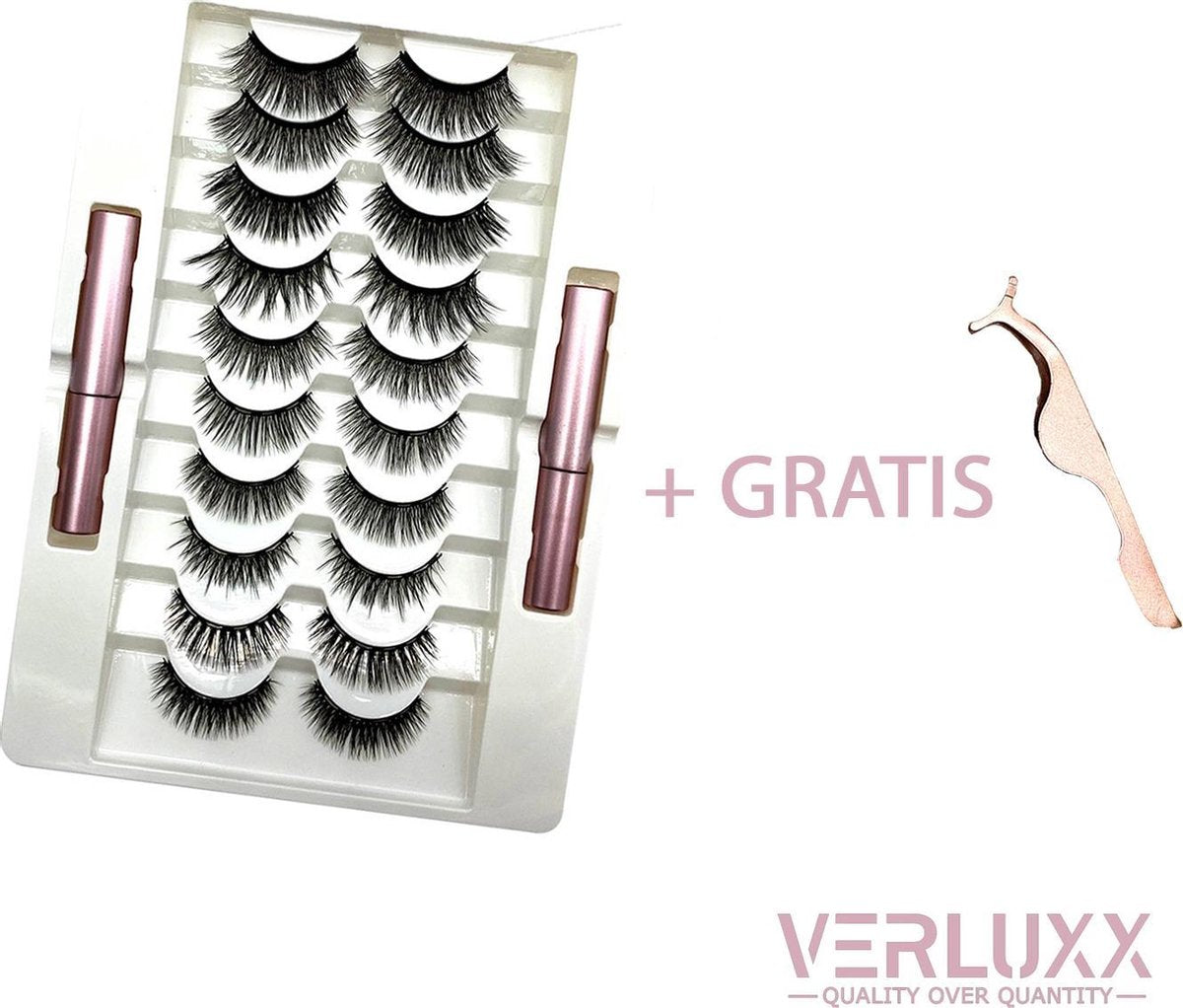 VERLUXX© - 'Quality Over Quantity' - 10 Paar 3D Magnetische Wimpers incl. Geïoniseerde Waterproof Eyeliner & Pincet