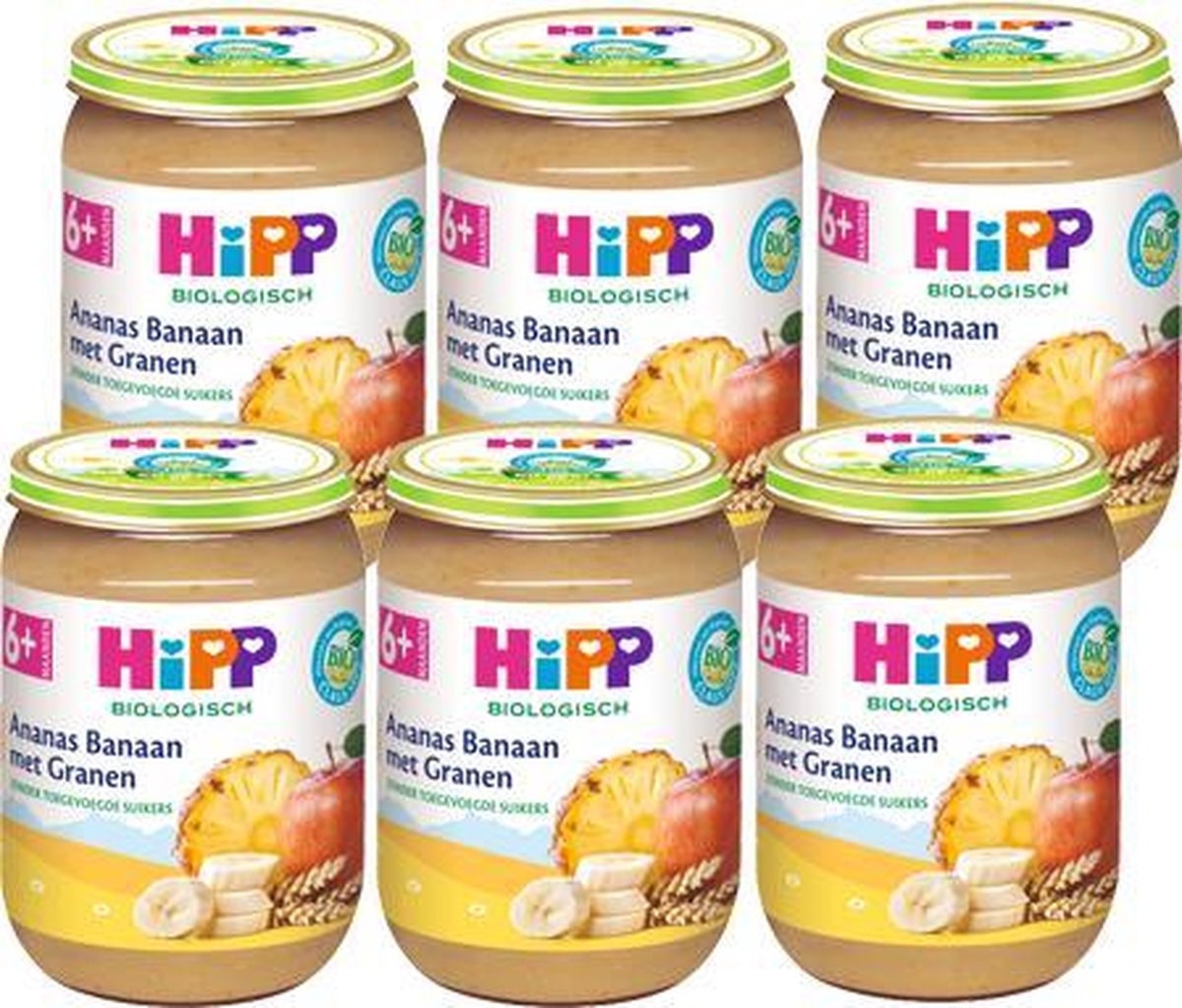 HiPP BIO fruithapje vanaf 6 maanden - Vruchtenmix Ananas Banaan met Granen - 6 stuks 190gr