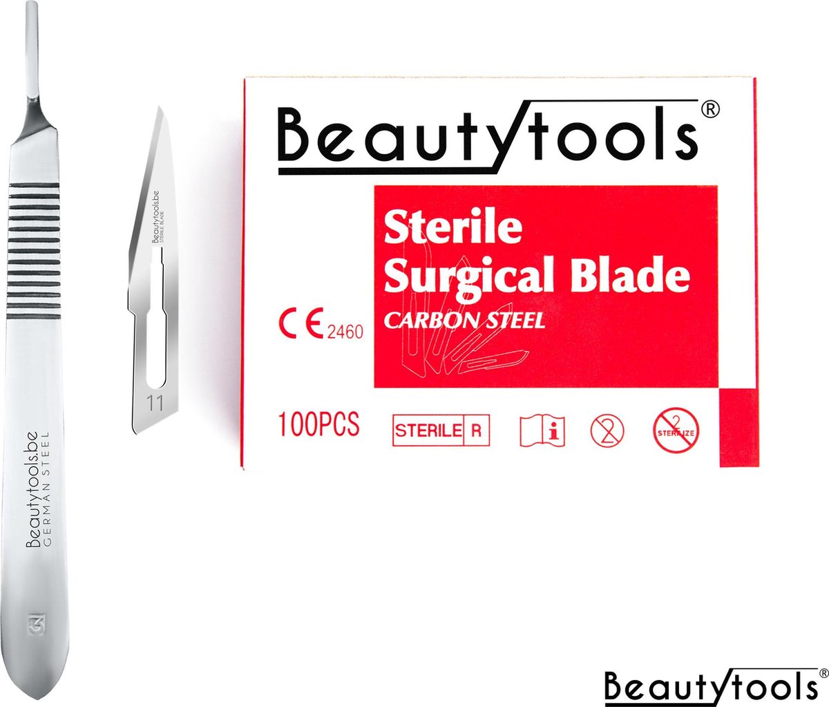 BeautyTools Set Scalpels met Bistouri Houder nr. 3 + Scalpel Mesjes nr. 11 (100 stuks) - Pedicure Mesjes - Steriel Verpakt (BP-0652)