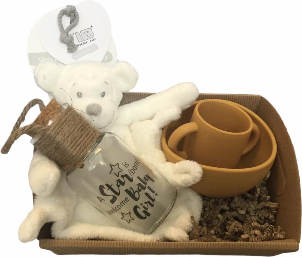 Babycadeau - Babypakket - Kraampakket - Geboortecadeau - Giftpakket - Meisje - Dienblad - Apenhoofd-knuffeldoekje - Beker en bakje - Starlight (groot model) met verlichte sterren - In cadeauverpakking