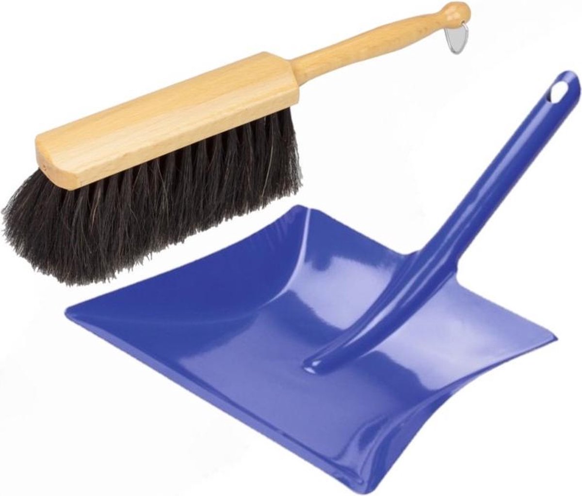 Stoffer en blik blauw van metaal/hout voor binnen - Zachte borstel/handveger
