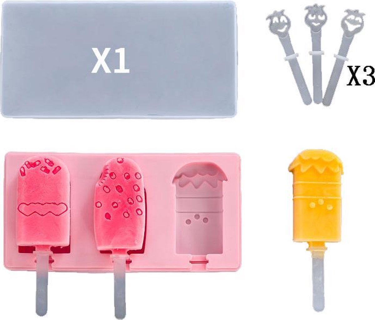 ProductGoods - Ijsvorm Divers - 3 Stuks - Yoghurt Ijsjes - Fruit Ijsjes - Bakvorm - Chocoladevorm - 3 Recyclebaar Stokjes - Kleur Roze