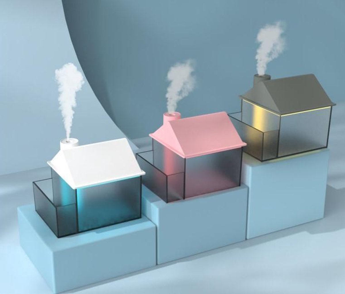 Aroma Diffuser 300ML - Design - Tiny House Luchtbevochtiger - WIT - met sfeer en nachtlampje