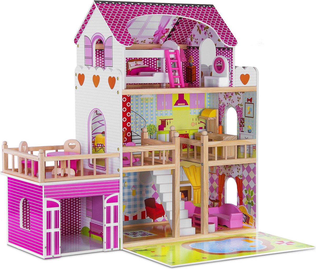 Houten Poppenhuis - LED Verlichting | Meubelset 15pcs | 90 x 33 x 90cm