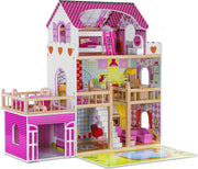 Houten Poppenhuis - LED Verlichting | Meubelset 15pcs | 90 x 33 x 90cm