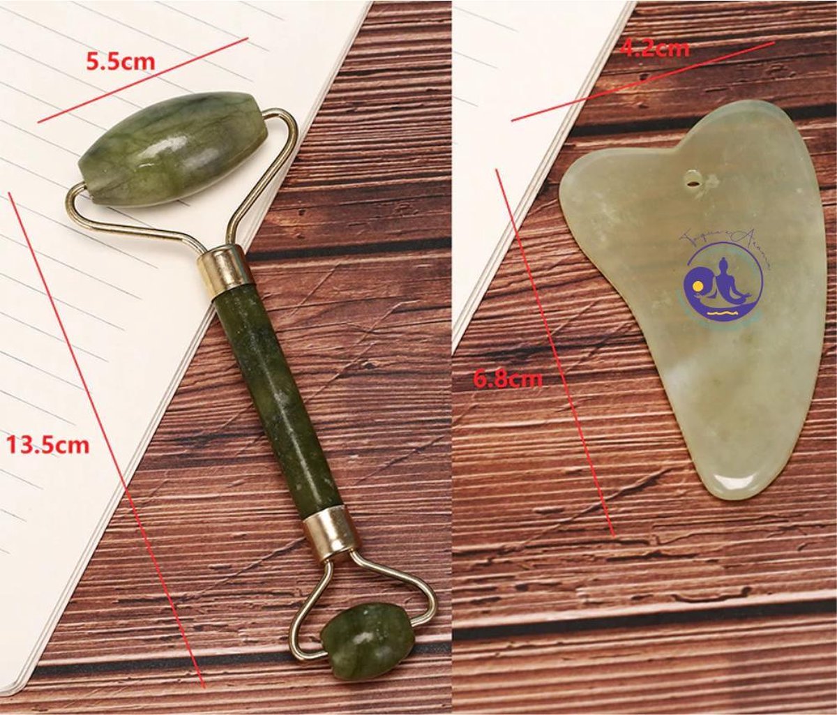 Set gezichtsmassage - Jade roller + Gua Sha Schraper - Groen