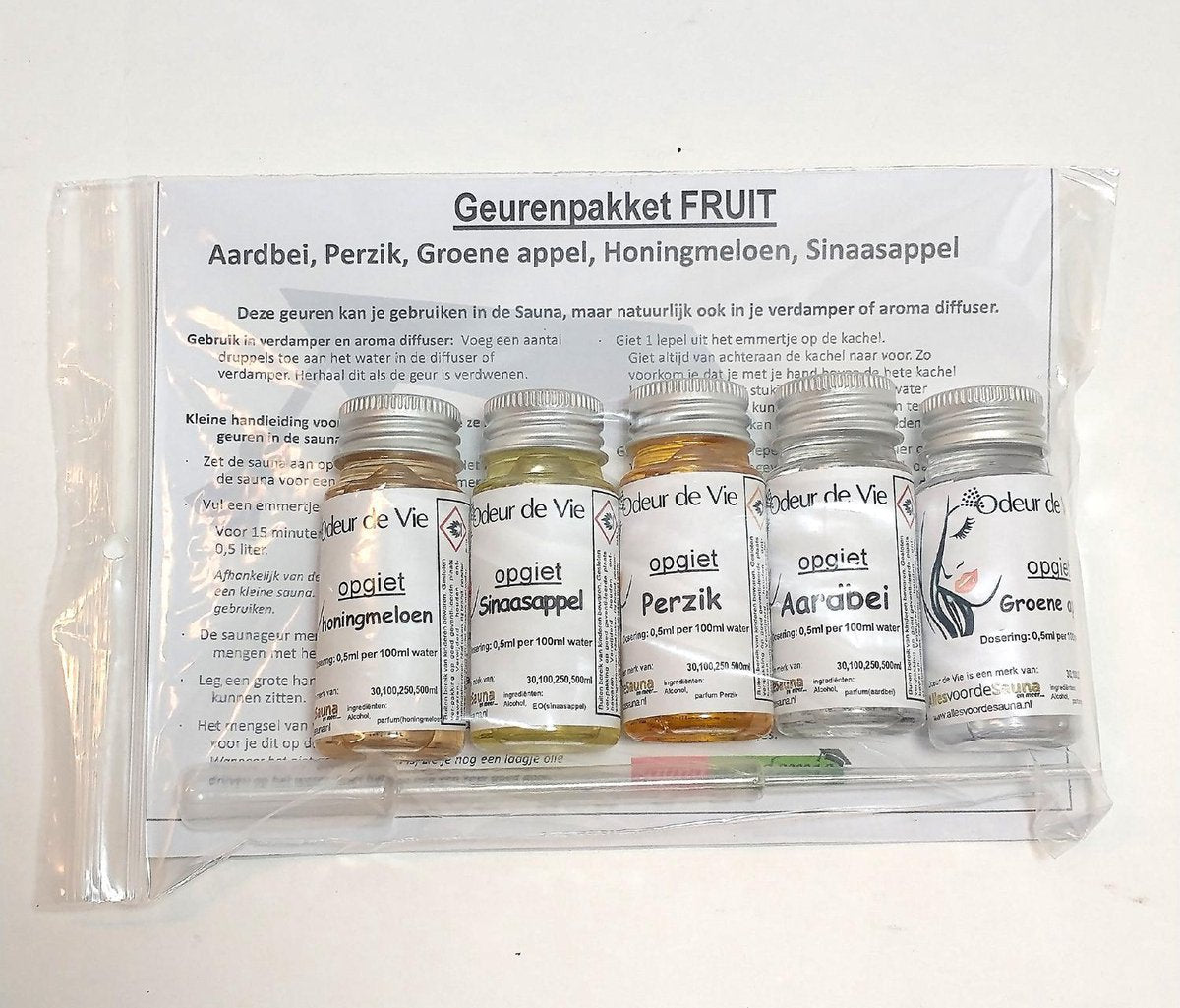 Cadeaupakket Sauna opgiet geur: 5x Fruit 30ml. Met minicursus opgieten
